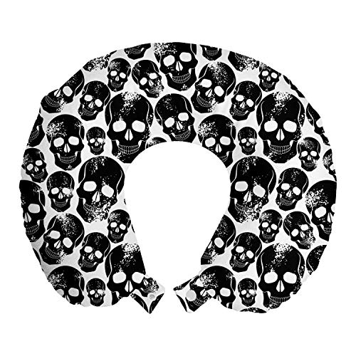 Ambesonne Gothic Travel Pillow Neck Rest, Grunge Black Human Skulls on White Backdrop Evil Men Fear Horror Death Skeleton, Memory Foam Traveling Accessory for Airplane and Car, 12