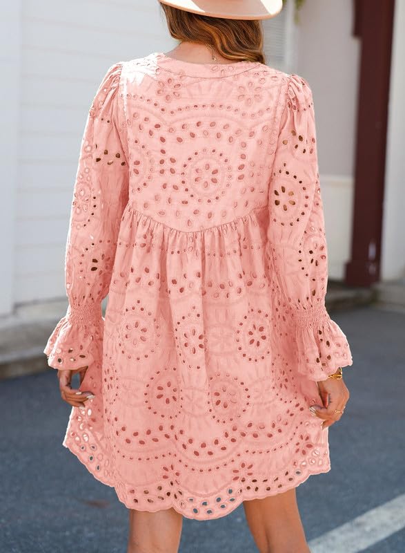 Image of Dokotoo Womens 2026 Boho Dress Tassel V Neck Long Sleeve A Line Casual Hollow Out Lace Ruffle Party Dresses