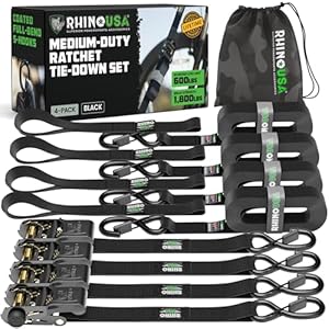 Rhino USA Correas de trinquete de amarre (paquete de 4) – 1 pulgada x 15 pies (1,823 libras de resistencia a la rotura) – Correas de amarre definitivas con ganchos en S de seguridad – Correas de