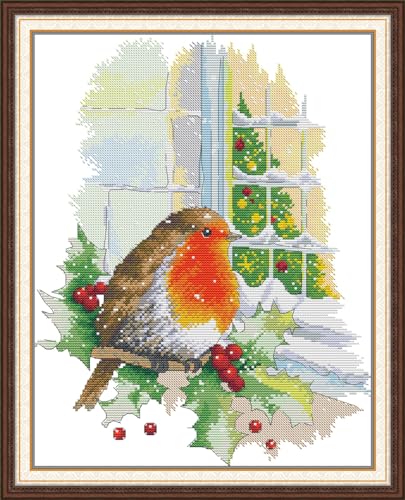 ABEUTY Cross Stitch Kits Christmas Redbird for Adults Pre Printed or NOT DIY 14 Count Embroidery Sewing Starter Kit Stamped or Unstamped DMC Needlework Easy Beginners (Stamped)