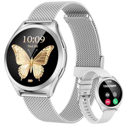 Silber Smartwatch Damen Armbanduhr Rund: Smart Watch Damen Metallarmband...
