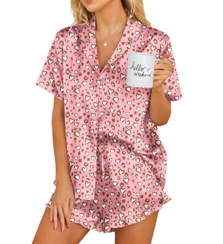 Image of Ekouaer Womens Satin Pajamas Set Button Down 2 Piece Silk Pjs Shorts Set Ruffle Lingerie Notch Collar Sleepwear