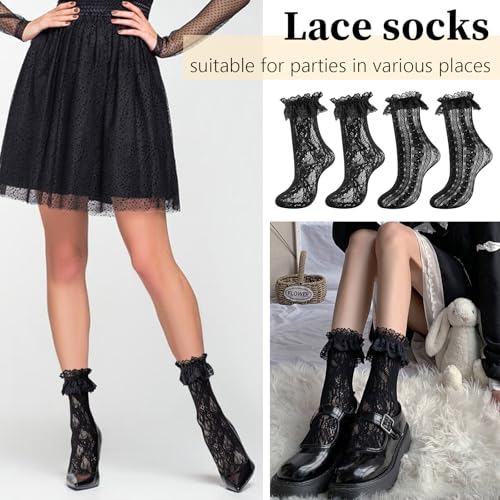 Image of Women Lace Ruffle Socks White Black Frilly Lolita Crew Dress Socks