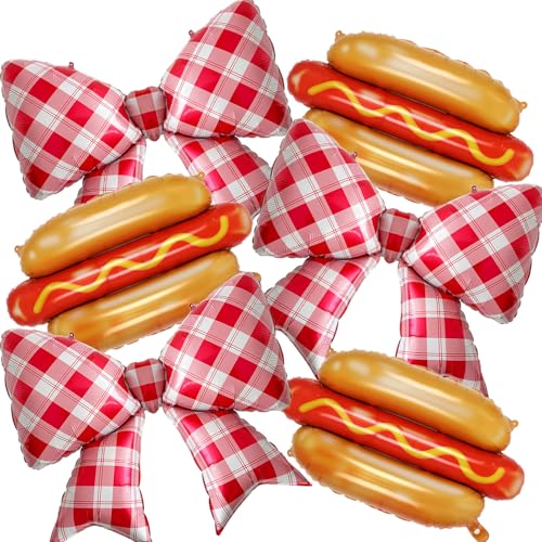Hot Dog Balloons Red and White Gingham Bow Balloons for A Weenie Bit Older Hot Dog Birthday Party Decorations