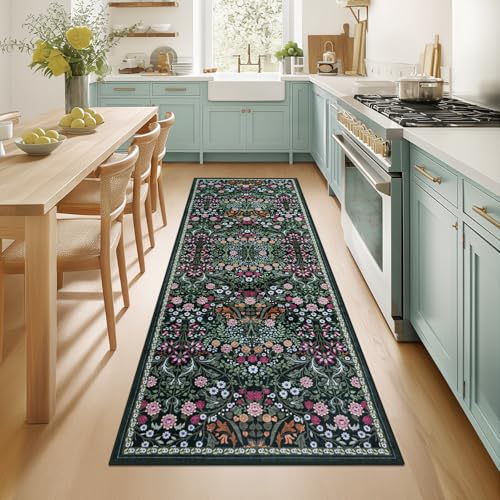 Runner Rug for Entryway: 2.6x8 Kitchen Rugs Non Slip Washable Ultra-Thin Soft Floral Carpet Indoor Floor Stain Resistant Carpets for Hallway Bedroom Kitchen Laundry Bathroom Dorm Dark Green by PLHXFR - Used condition - US$27.19