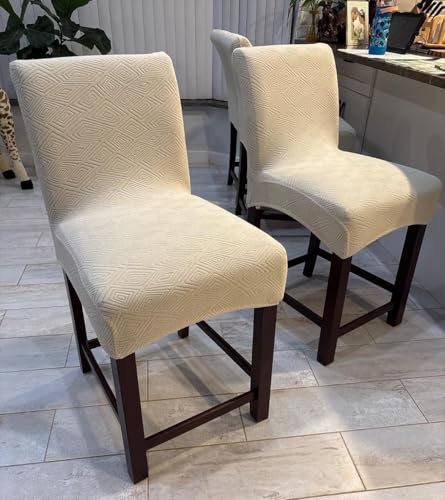 Image of SearchI Water Repellent Bar Stool Covers Set of 4, Stretch Washable Barstool Seat Covers, Counter Height Chair Covers for Kitchen Dining Room Cafe (Beige Diamond Jacquard)