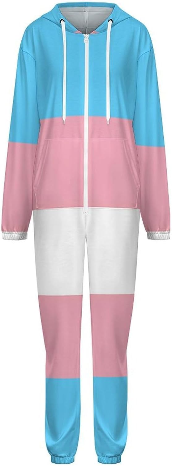 Transgender Proud Flag Adult Pajamas Onesie with Hood Pocket Jumpsuits One Piece Sleepwear