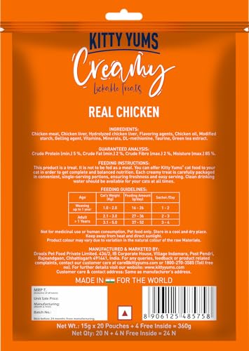 Image of Kitty YUMS Kitten & Adult Creamy Lickable Cat Treats 360g (15g x 24 Pieces) | Real Chicken Flavour | Rich in Protein | Taurine for Heart & Vision | Ideal for Training and Bonding | Promotes Hydration