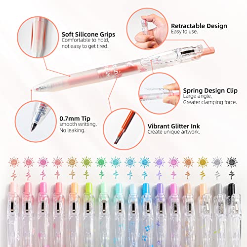 Glitter Gel Pens, 16 Pack Colored Glitter Pens, 0.7mm Retractable Colorful Sparkle Gel Markers, Sparkly & Pastle Colors, Tween Teen Girl Gifts Trendy Stuff for Journaling Coloring Art Supplies