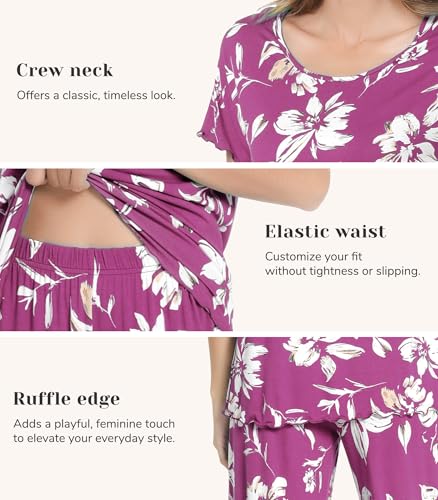Image of NACHILA Women's Bamboo Viscose Pajama Sets Summer Cooling Short Sleeve Capri Soft Pjs Night Sweats Moisture Wicking Sleepwear