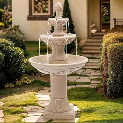 USSerenaY 3-Tier Outdoor Water Fountain, 48.4" H Floor Backyard Garden Fountain, Water Feature Indoor with Pump, Outdoor Freestanding Waterfall Fountain, Bernini Fountain for Garden Patio Yard (Beige)
