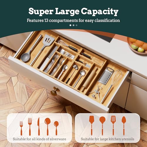 image for Besilord Silverware Organizer Large, Magnetic Connected Expandable 13 