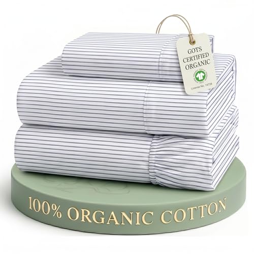 Image of LANE LINEN 100% Organic Cotton Twin XL Sheets Set 3-Piece Pure Percale Bedsheets Bedding Breathable Fits Mattress Upto 15 inch Deep - Blue Ticking Stripe | 100% Organic Cotton Percale Twin XL Sheet Set - Affordable Organic Luxury, Honest-Price Organic Quality, For Hot Sleepers