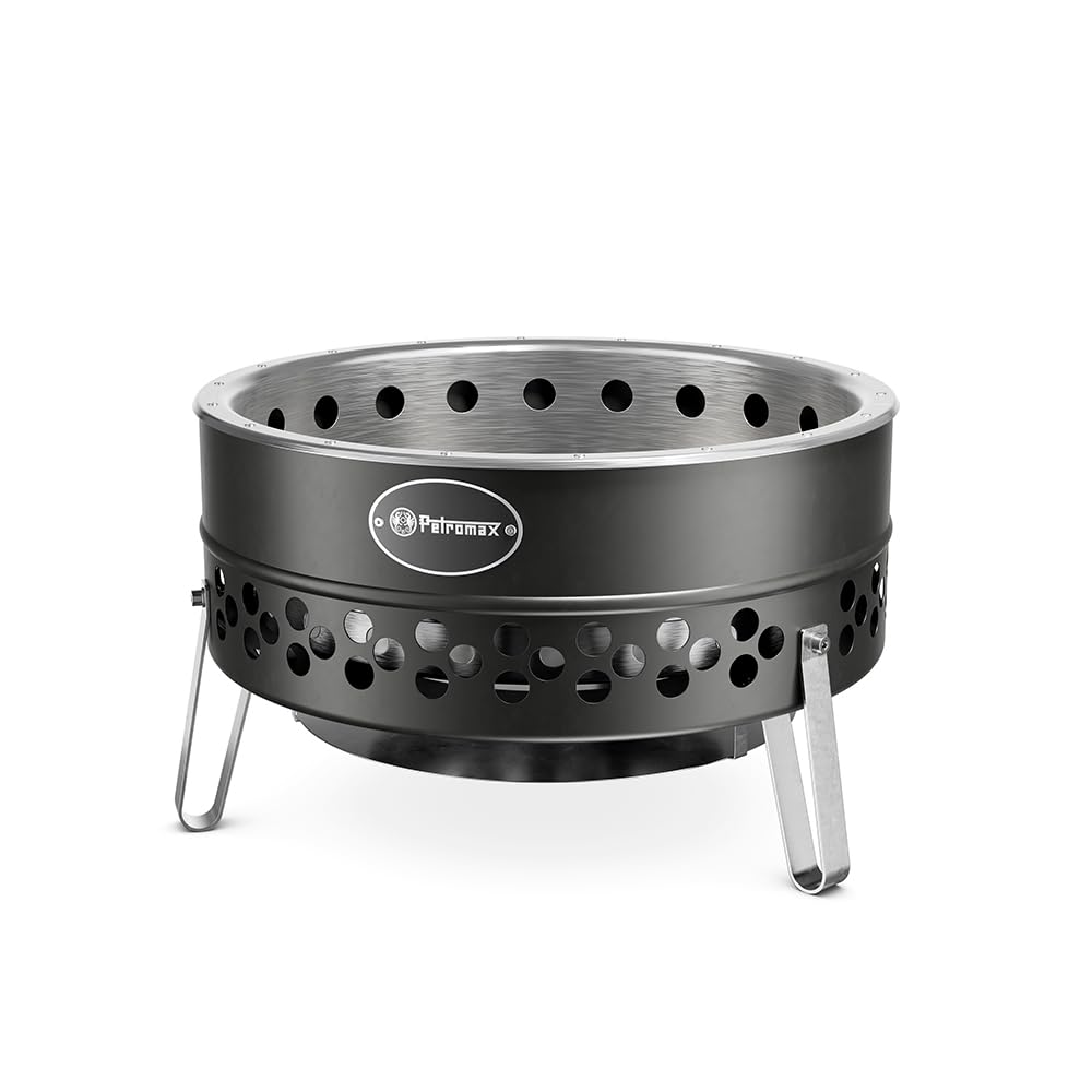 Petromax Tyropit Feuerschale - Edelstahl Feuerkorb mit Hitzeschild | Rußarmer Holzvergaser für Garten und Camping, inklusive Ascheschale und Kohlerost, 34,9 x 57 cm, raucharmer Betrieb