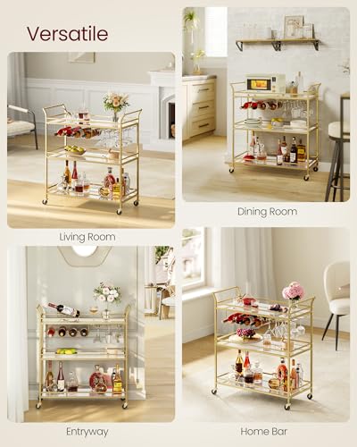 Image of VASAGLE Bar Cart Gold, Large Home Bar Serving Cart with 3-Tier