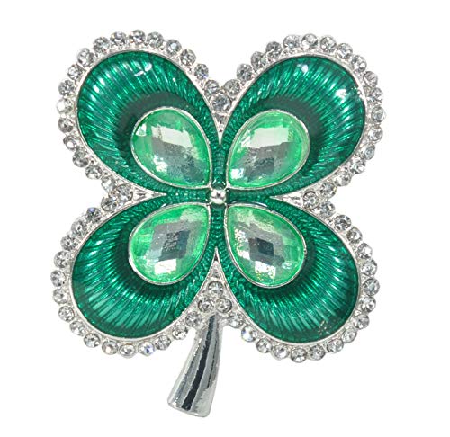Gyn&Joy Silvery Tone St. Patrick's Day Good Lucky Green Four Leaf Shamrock Clover Pin Brooch