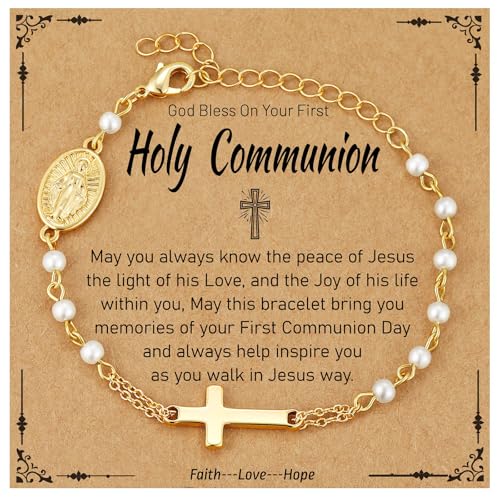 Semoya Catholic First Communion Gifts for Girls 14K Gold Plated Virgin Mary Cross Charm Bracelet Religious Christian Holy 1st Communion Jewelry Gift Ideas Teen kids Girl Age Daughter Granddaughter