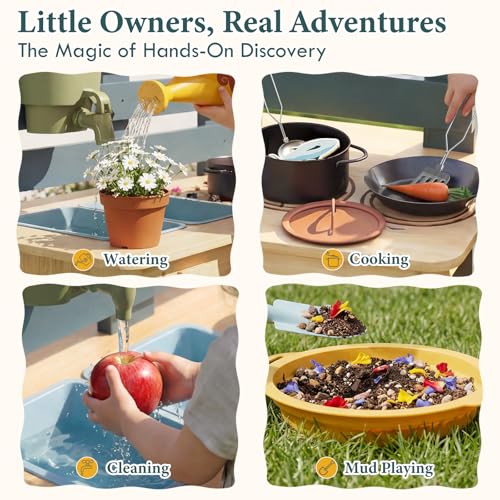 Image of Lehoo Castle Mud Kitchen for Kids Outdoor, Wooden Play Kitchen Outdoor Fun | Pretend Play Kitchen Playset with Weather-Resistant Wood, Real Faucet Sink, Water, Cooking & Planting Sensory Toys for Kid 3+