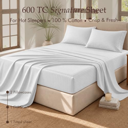 Image of Threadmill 600TC Cotton King Sheet Set, Sateen, Damask Stripe, White