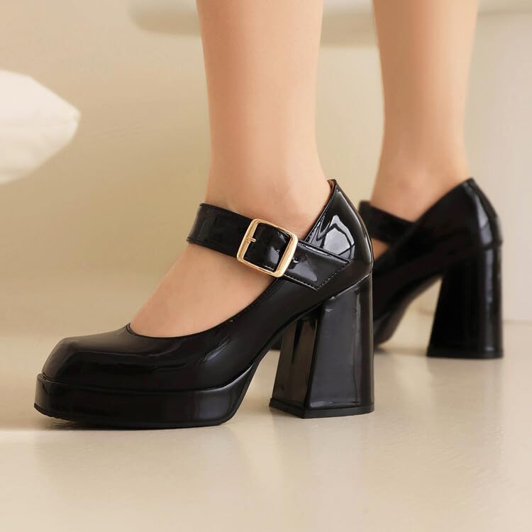 Women Platform Mary Jane Pumps Shoes Square Toe Chunky High Heels with Belt Buckles3