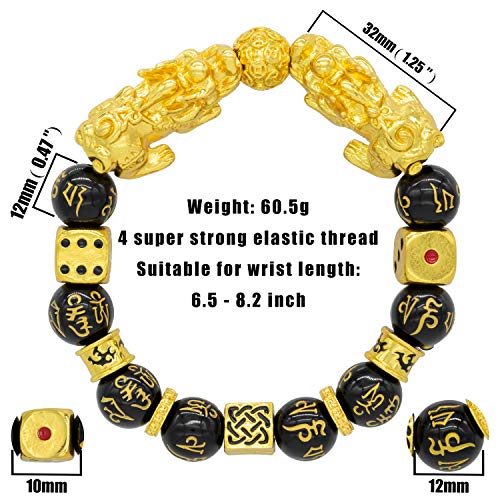 ZenBless Feng Shui Bracelet Prosperity Double Pi Xiu/Pi Yao Black Mantra Bead Bracelet with Golden Dice Attract Wealth and Good Luck2