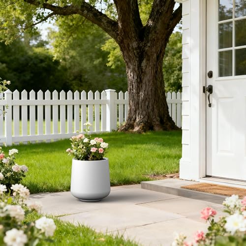 Image of Kante Accent Round Curved White Concrete Planter 13 inch Dia, Outdoor | Rubber Plug for Indoor, Drainage for Garden, All-Weather Cement Flower Pot, Handcrafted, Anti-Frost & UV, Modern Home Decor