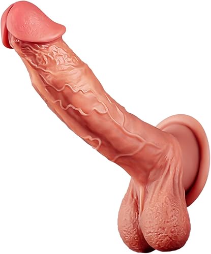 Consoladores realistas que se sienten como piel real con bolas de forma completa, consolador de silicona suave y flexible de doble capa con ventosa