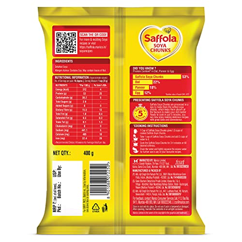 Image of Saffola Soya Chunks,Tender & Juicy,53% Protein,400 Grams