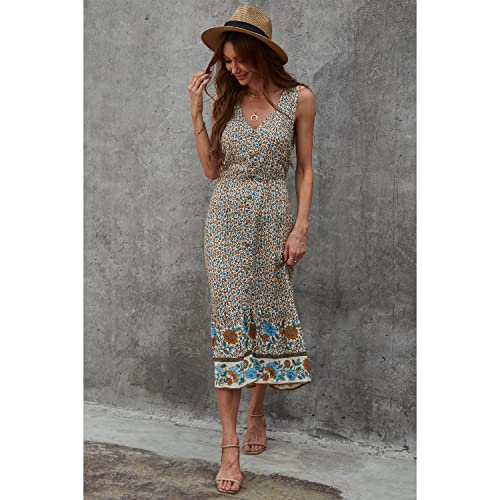 Image of BROVAVE Women Summer Bohemian Floral Print V Neck Sleeveless Sundress Flowy Casual Midi Dress