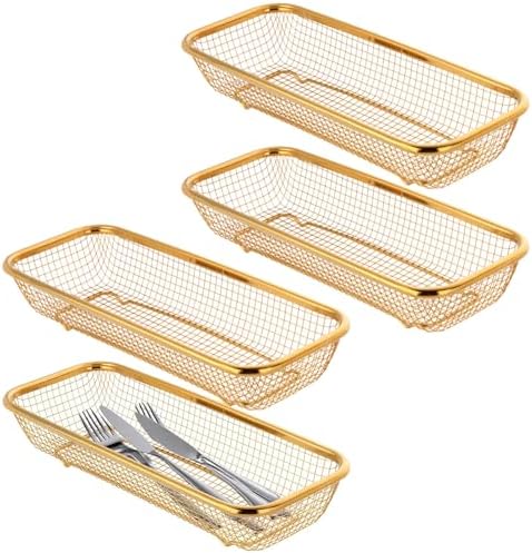 4 Pcs Gold Storage Baskets, Stainless Steel Kitchen Organizers for Home Organization, Stackable Wire Design Drawer Bins, Rust-Resistant Utensil Holder for Pantry image 4