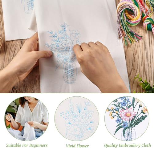 Image of Magibeads 3 Sets Beginner Embroidery Kit Vase Flower Arranging Cross Stitch Patterns Crochet Kit with Embroidery Thread Fabric Instruction Knitting