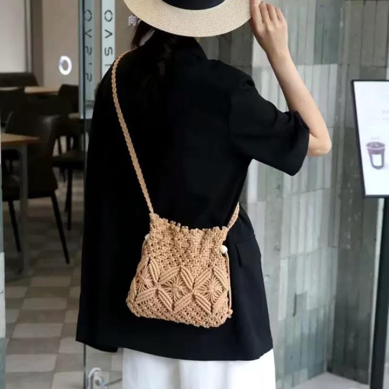 Bolsa transversal de macramê feita à mão para mulheres, boho, mini bolsa de ombro leve de corda de algodão, bolsa de praia adequada para férias uso diário (Cáqui)