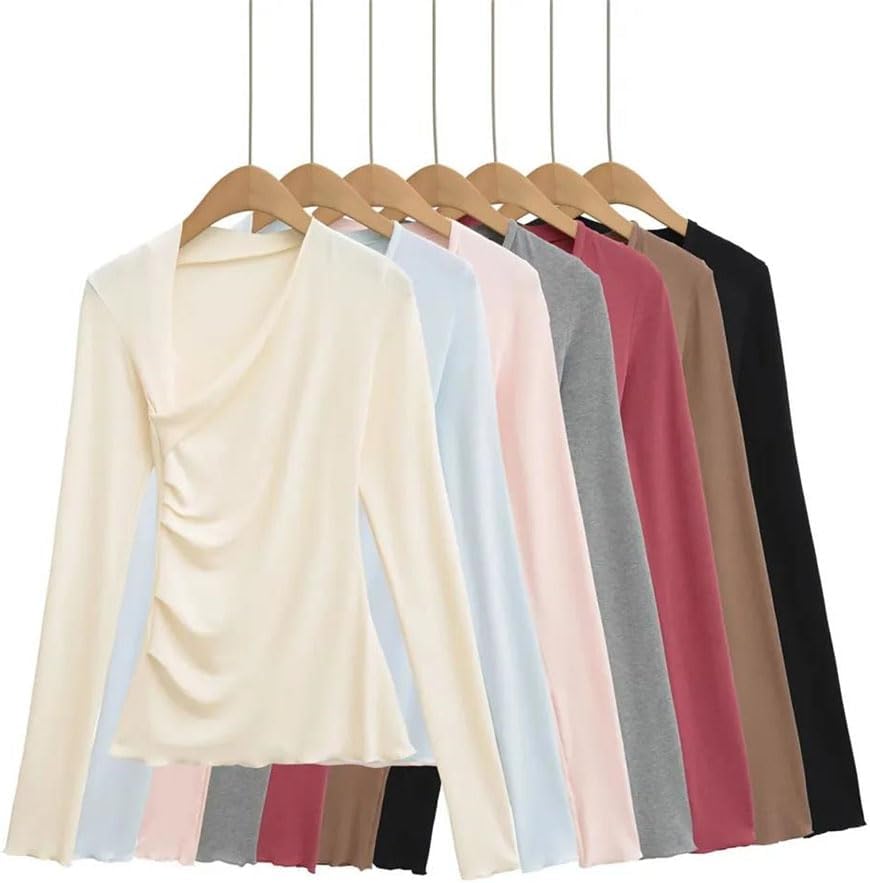 Women Cloud Asymmetric Long Sleeve Top Tee Pleated Slim Fit T Shirt Street Chic Style