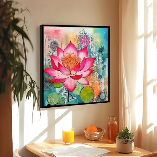 Image of PAINTINGMANTRA Multicolor Abstract Stretched Canvas Framed Painting Wall Art for Living Room Bedroom Office Cafe - Pink Green Orange Lotus Abstract Framed Canvas Wall Decor Painting Frame (58x58 cm)