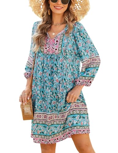 Image of Bluetime Women Casual Summer Dress Boho V Neck 3 /4 Sleeve Babydoll Floral Print Flowy Beach Dress