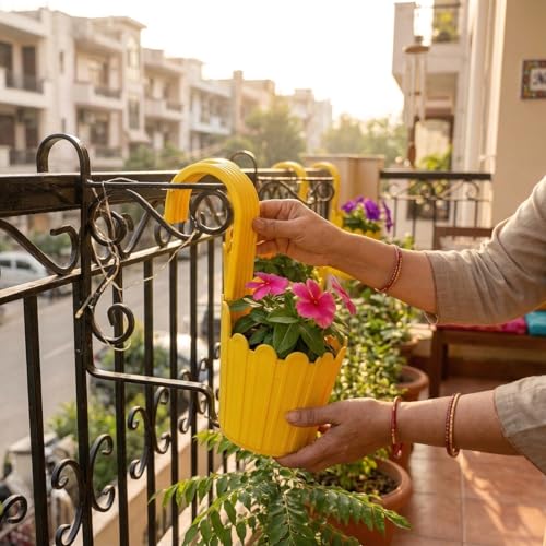 Image of Premium 6 inch Railing Planter with Hook - Durable Plastic Hanging Flower Pot for Balcony, Fence Design Gamla for Indoor /Outdoor Plants, Herbs & Creepers (5, Yellow)