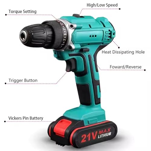 Cordless Drill Driver 21V, Wuppertal Cordless Hammer Drill Set, 45N.m Battery Drill, 25+3 Torque Set, 2-Speed, LED Light, 1500mAH Battery, 30PCS Electric Drill Set for Home and Garden DIY Project 5 Cordless Drill Driver 21V, Wuppertal Cordless Hammer Drill Set, 45N.m Battery Drill, 25+3 Torque Set, 2-Speed, LED Light, 1500mAH Battery, 30PCS Electric Drill Set for Home and Garden DIY Project - Image 5