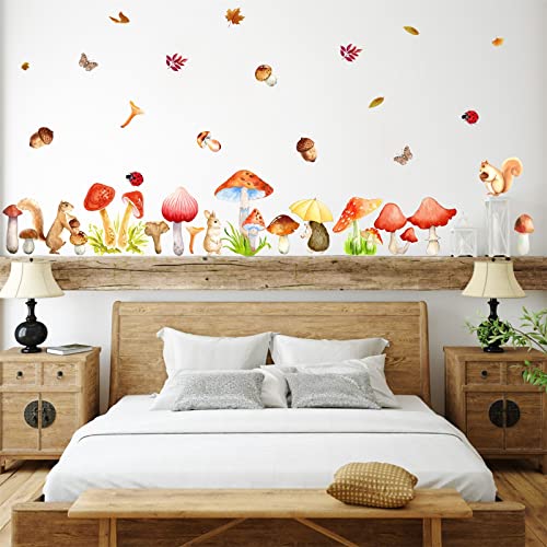 Image of Watercolor Mushroom Wall Decals Colorful Mushroom Wall Stickers Cute Animal Autumn Leaf Wall Stickers Peel and Stick Mushroom Wall Decals for Bedroom Kids Room Nursery Decor