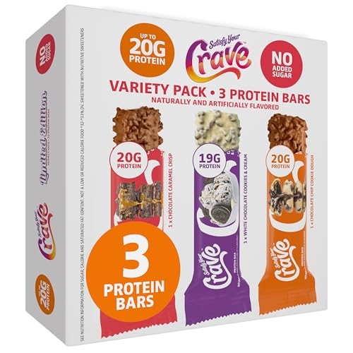 Satisfy Your Crave Protein Bars – Variety Pack – Cookie Dough, Caramel Crisp, Cookies & Cream – 19-20g High Protein, No Added Sugar – On-the-Go Snack, Pantry Staple & Office Treat– Non-GMO, 3 Pack