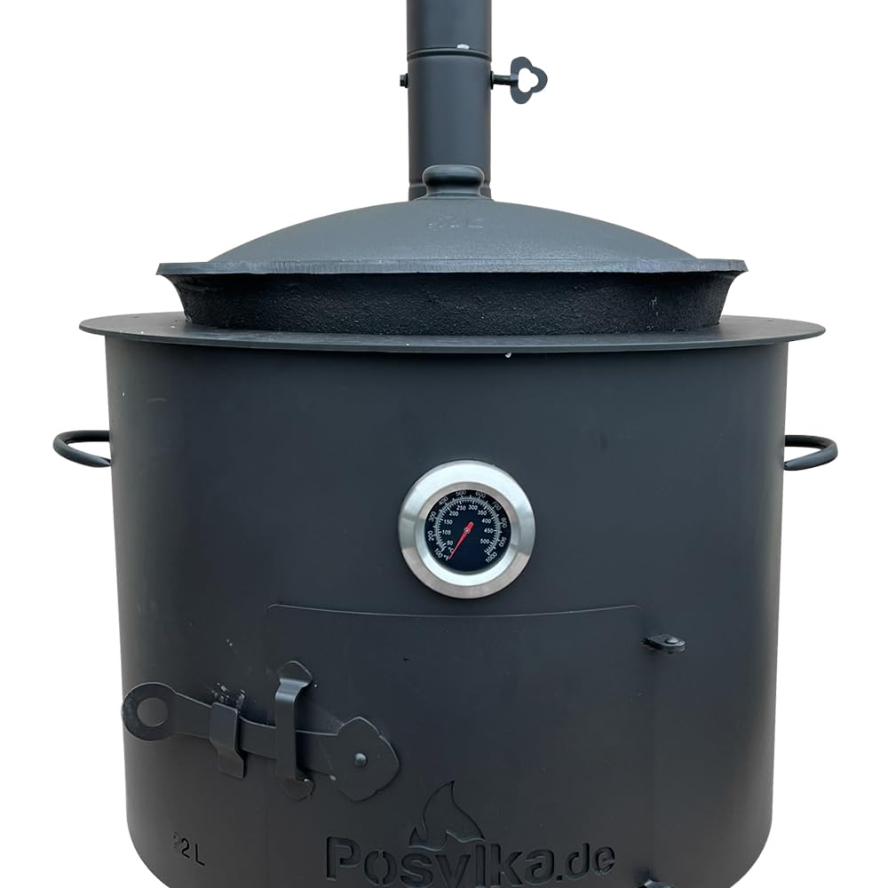 Utschak Uchag Feuerofen Ø 49 cm 2 mm Stahl Herdplatte 4mm Kazan 22 L runder Boden mit Thermometer Verlängerungsrohr, Schaumlöffel für Plov, 64 cm, Schaumlöffel für Plov, 48 cm (Set R22-4)