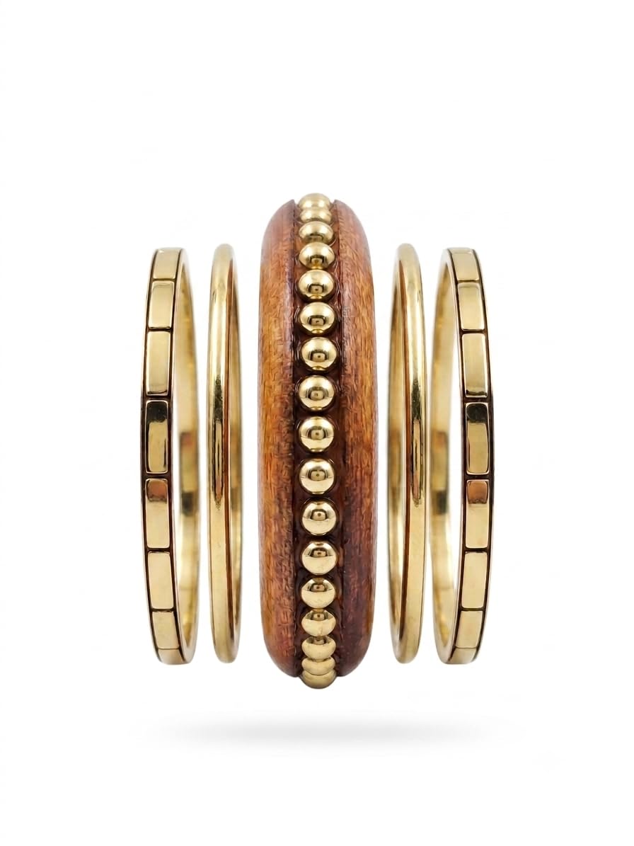 Artisanal Brass-Studded Wooden Bangle Set – 5-Piece Boho-Chic Natural Wood & Gold Kada Stack-image-40