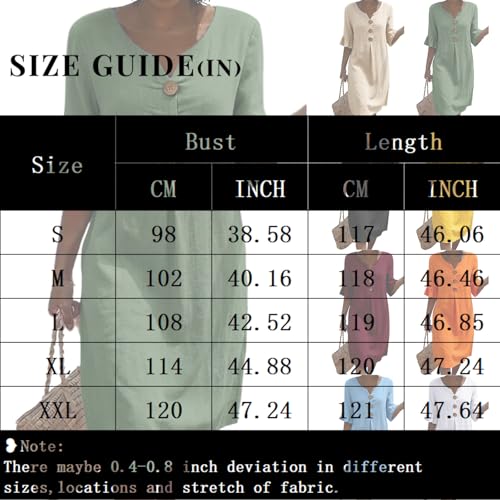 LUNULE Robe Demoiselle d'honneur Femme, Femme Sexy Robes Femmes Enceinte Élégante pour Unie en Coton Et Lin Boutonnée Col V Manches Courtes Mi-Longue Fluide Trapèze Style Plage – vue 6