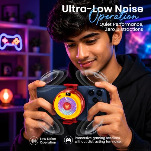 Image of PunnkFunnk Phone Cooler for Gaming, 5000 RPM 7-Blade Fan, RGB Light, Semiconductor Cooling Chip, Type-C Powered, LED Display, Clamp Mount Mobile Cooling Fan for Android & iOS (Red Yellow)