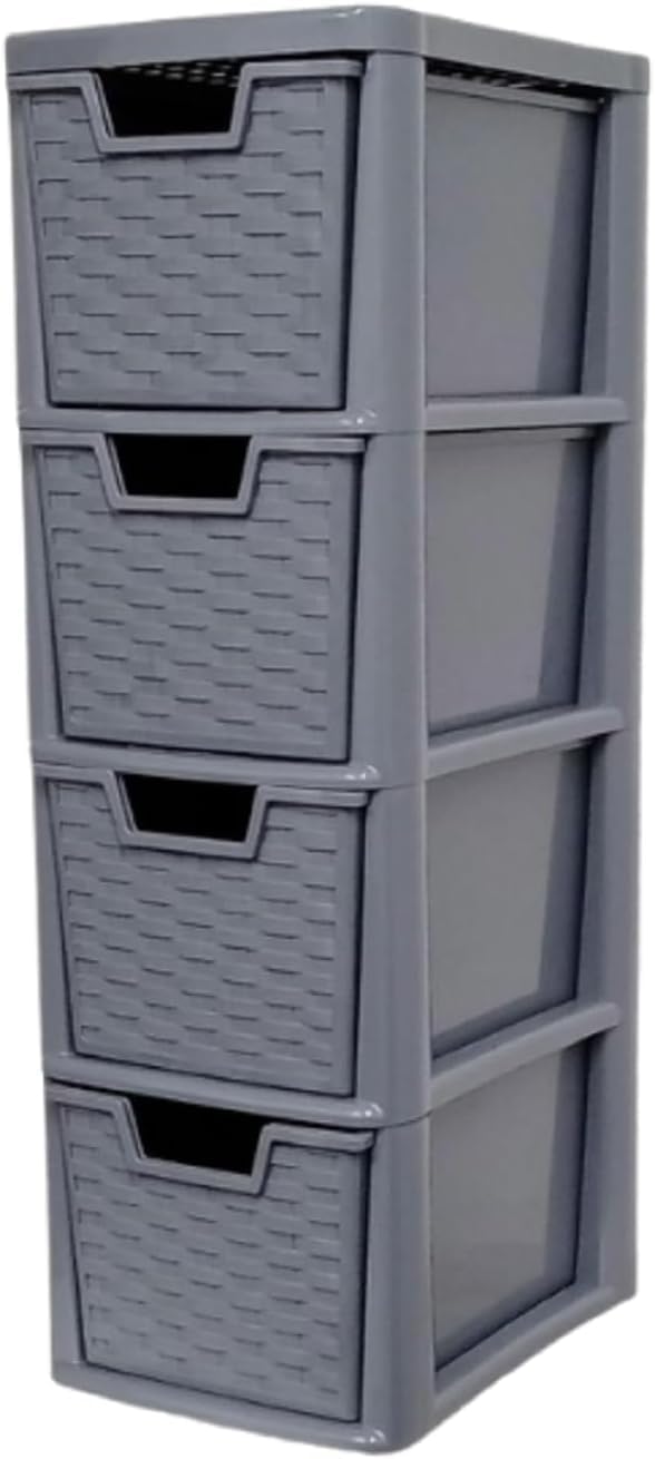 KYY'Z - 4 Tier Medium Plastic Storage Drawer Unit - Rattan Effect Tower Grey - Stackable & Stylish Cabinet with Deep Pull-Out Drawers - Space-saving Organiser 25D x 19W x 62H cm — image 1