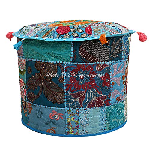 DK Homewares Indian Vintage Patchwork Pouffe Foot Rest Turquoise Blue Round Foot Rest Living Room Cotton Embroidered Hassock Pouf Ottoman Cover Floral Traditional 18x18x13