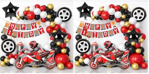 Image of Rozi Decoration Bike Theme Birthday Decoration Set - 58 Pcs Racing Party Supplies with Balloons, Banner, Motorbike Foil Balloon, Wheel & Star Foil Balloons for Kids Birthday Party Decor (Pack of 2)
