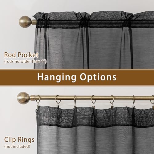Image of Black Sheer Curtains 54 Inch Length, Privacy Semi Sheer Curtains for Dining Room Kitchen, Light Filtering Rod Pocket Voile Window Drapes 2 Panels Set, Each 42 inch W x 54 inch L