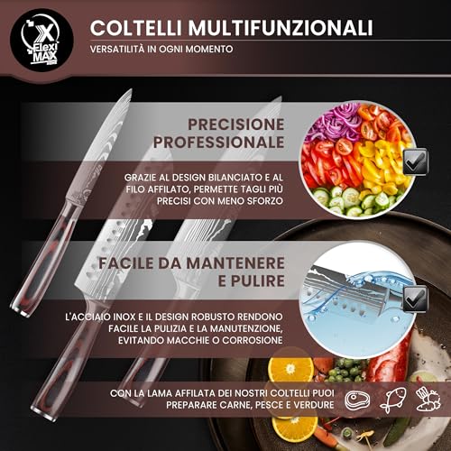 Mannaia da cucina Fleximaxx Home® coltello Chef da 8”, coltello Santoku da 7”, coltello multiuso da 5” e pelapatate Coltelli da cucina professionali, coltello da chef, coltello macellaio - immagine 5