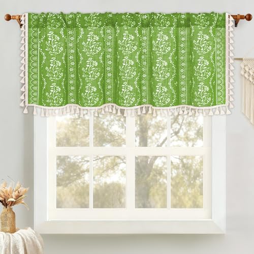 Image of Yinhua Boho Valance Curtains Vintage Linen Green Kitchen Valances for Windows Light Filtering Bohemian Floral Valance Rod Pocket Farmhouse Tassel Window Valances for Bathroom Cafe, 52 inch W X 18 inch L