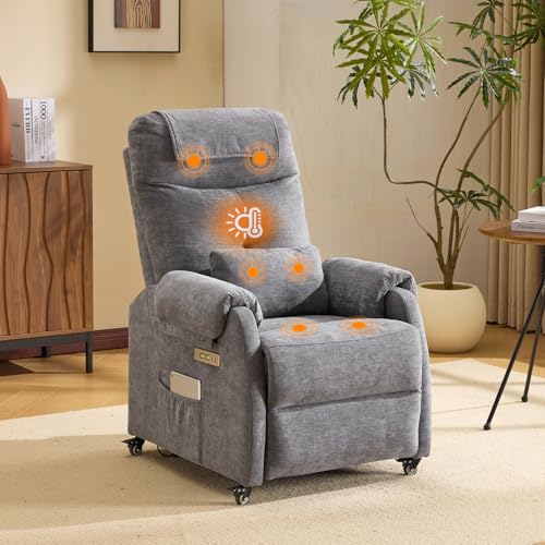 Bonnlo Relaxsessel, Fernsehsessel, Elektrisch Massagesessel mit Liegefunktion, TV Sessel, 2-Punkt-Massage & Wärmefunktion, USB-C & USB-A Anschlüsse, 1 Seitentasche (Chenille-Stoff, Dunkelgrau)